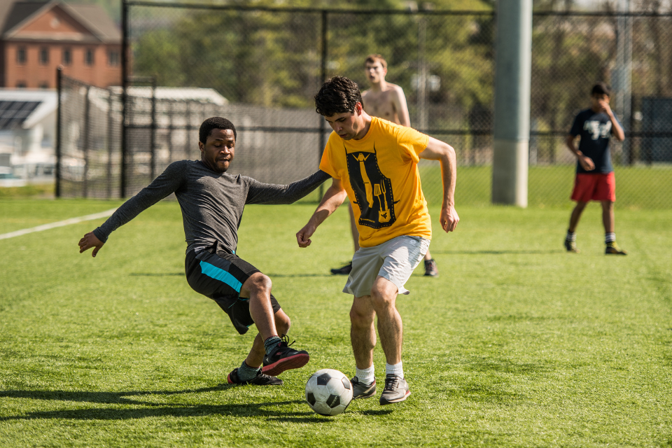 Students enjoy a game of soccer on the Rec Fields.