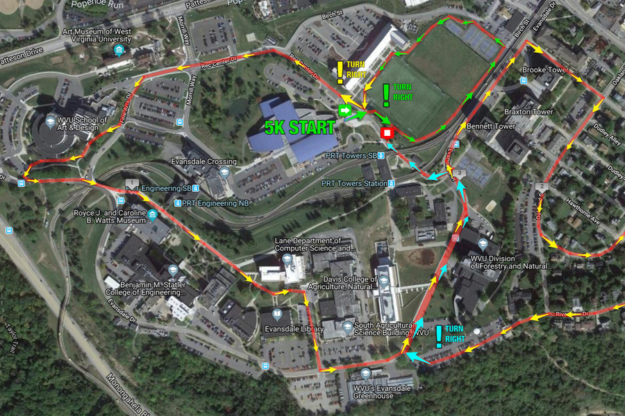 Follow the 5K course on WVU's Evandale campus.